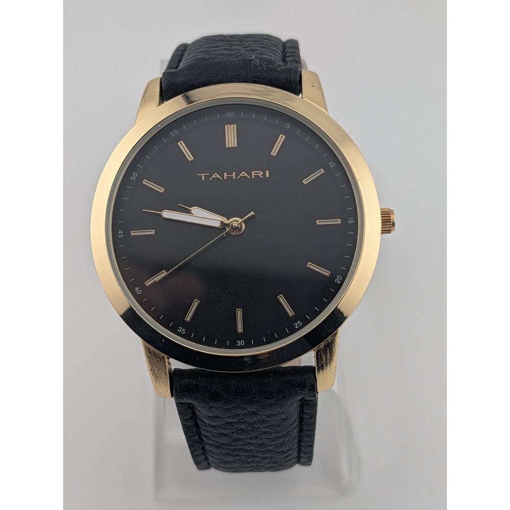 Tahari Men's Watch 44mm Gold Case Black Faux Leather Band- New Battery
